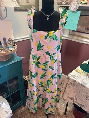J. Crew Pink Lemon-Print Midi Dress